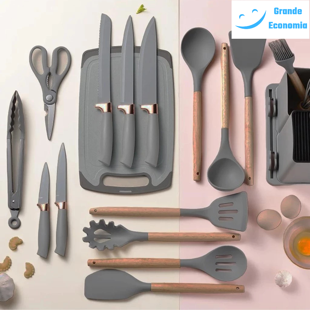 Kit Completo Jogo Utensílios de Cozinha Luxo 19 Peças Com Tábua em Silicone Espátula Faca Tesoura 2000GR