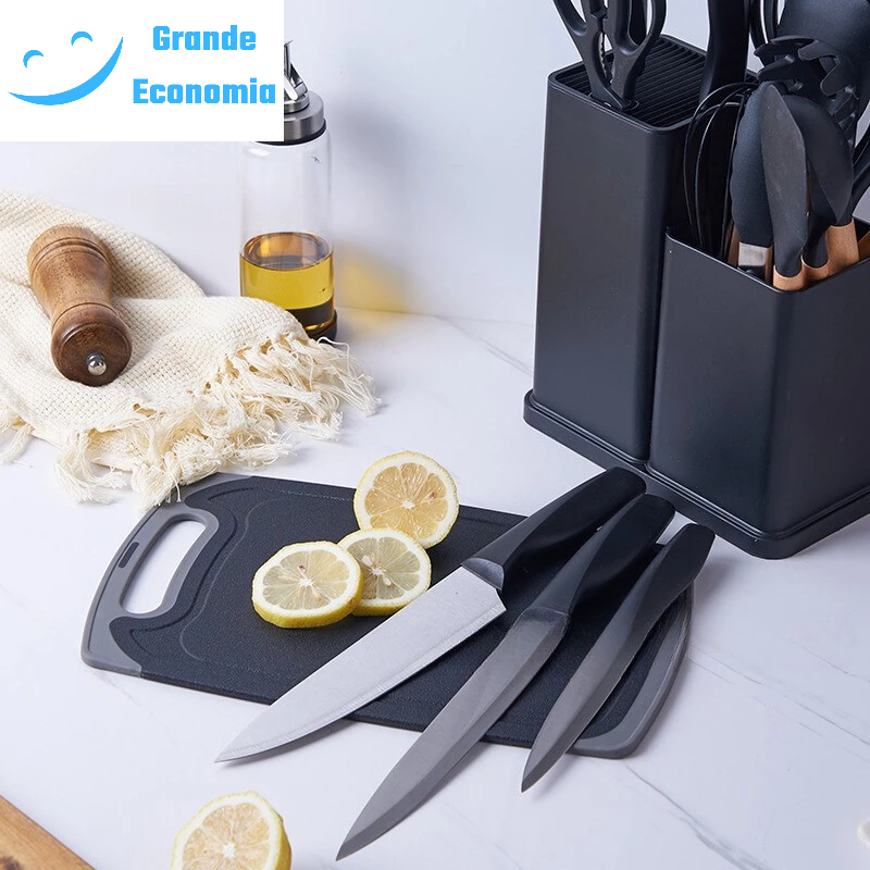 Kit Completo Jogo Utensílios de Cozinha Luxo 19 Peças Com Tábua em Silicone Espátula Faca Tesoura 2000GR