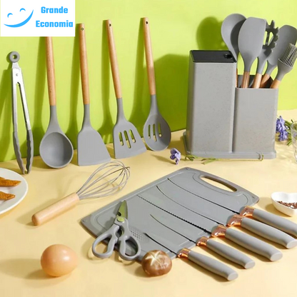 Kit Completo Jogo Utensílios de Cozinha Luxo 19 Peças Com Tábua em Silicone Espátula Faca Tesoura 2000GR